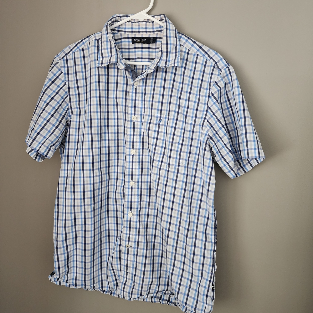 Nautica Men's White and Blue Checkered Shirt